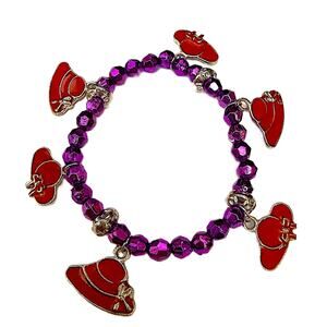 Vintage Red Hat Society 6 Charm Bracelet Purple Beaded Stretch Design Women